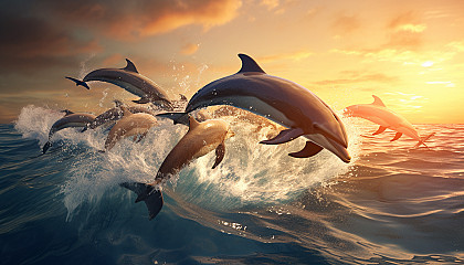 A pod of dolphins leaping in synchrony in the open ocean.