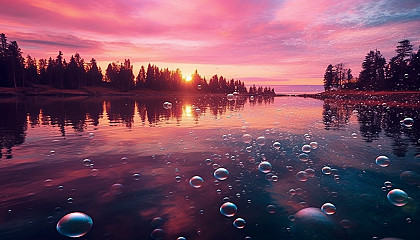 Iridescent bubbles floating over a calm lake.
