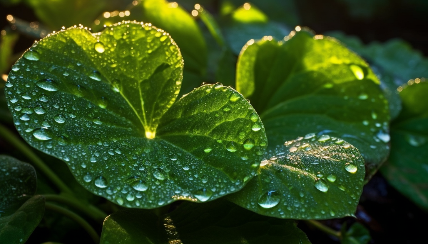 Close-up of dew-kissed leaves in the early morning light.