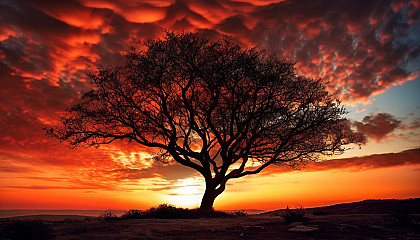 Silhouette of a tree against a vibrant sunset.
