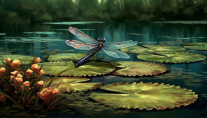 A dragonfly resting on a lily pad in a quiet marsh.