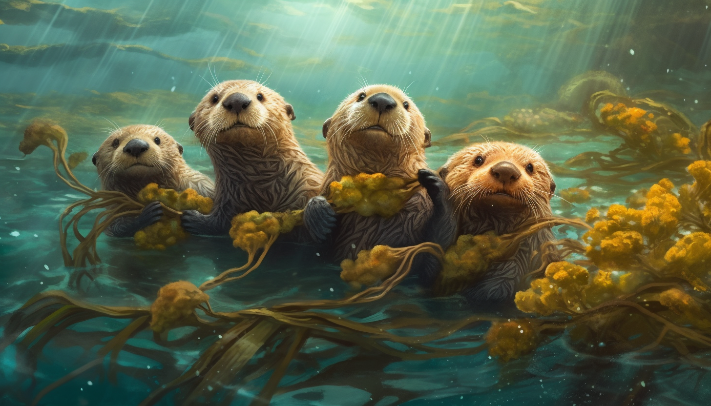 A family of sea otters frolicking in a kelp forest.