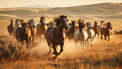 Wild horses galloping across open prairie land.