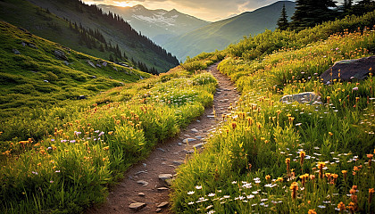 A mountain path winding through a carpet of wildflowers.