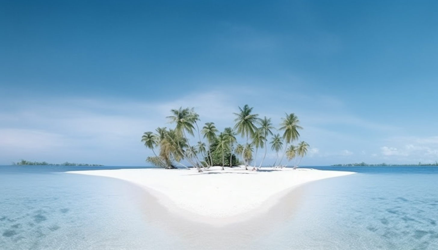 An island of palms surrounded by endless white sand.