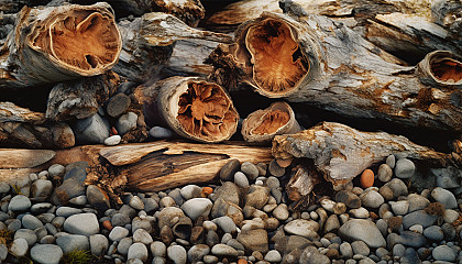 Petrified wood scattered in a stark, ancient forest.