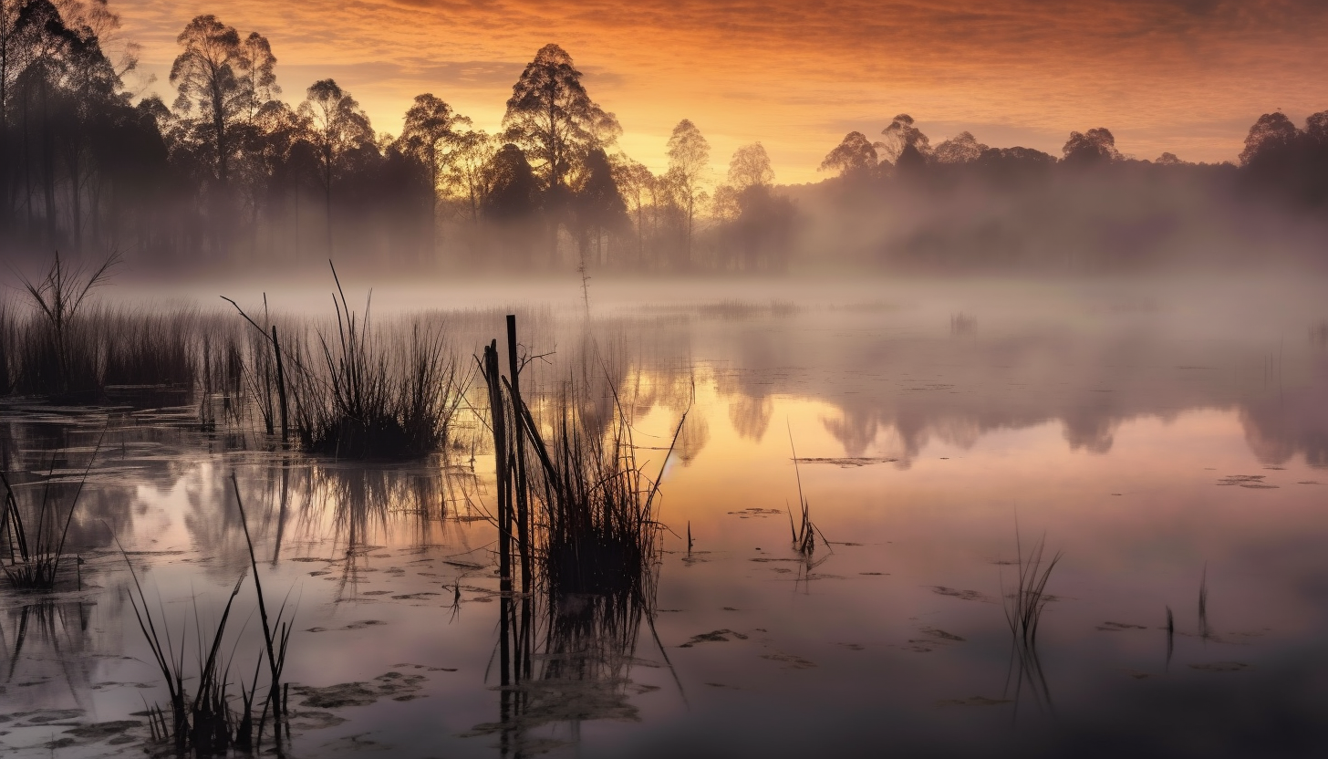 Mist rising from a tranquil lake at dawn.