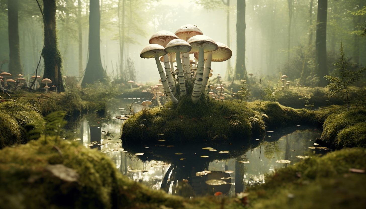 Mushrooms growing in a fairy-like ring in a woodland.