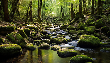 Moss-covered stones in a babbling brook in the heart of the forest.