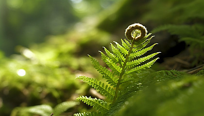 A delicate fern unrolling a young frond in a forest.