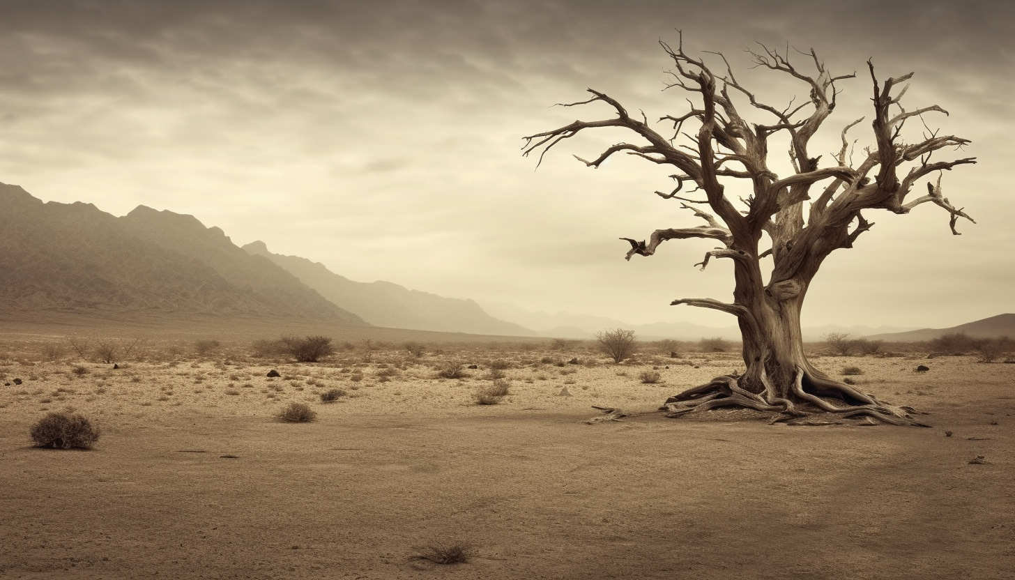 The eerie beauty of a dead tree in a barren landscape.