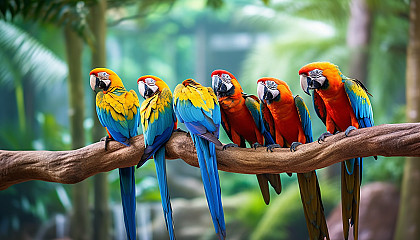 A family of colorful macaws perched on a jungle branch.