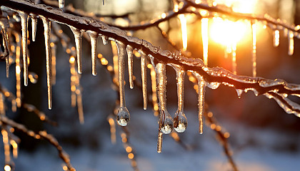 Glistening icicles hanging from a frozen tree branch.