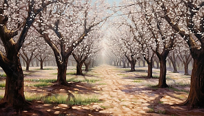 A grove of blossoming almond trees in early spring.