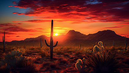 The silhouette of cacti against a vibrant desert sunset.