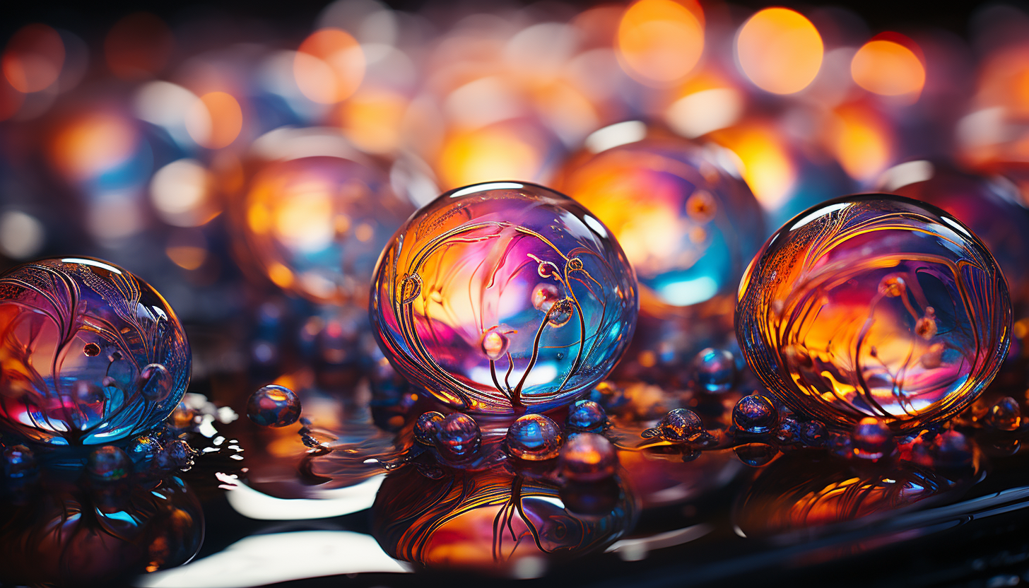 Macro shot of iridescent soap bubbles reflecting the surrounding world.
