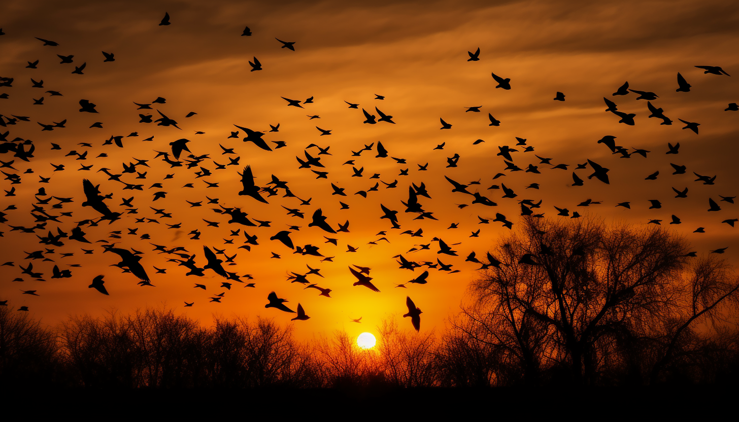 Flocks of migrating birds silhouetted against a sunset.