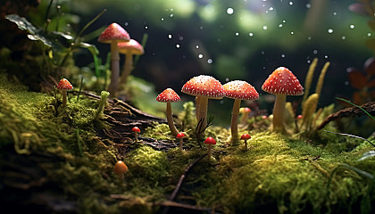 Whimsical mushroom clusters sprouting in a mossy forest floor.