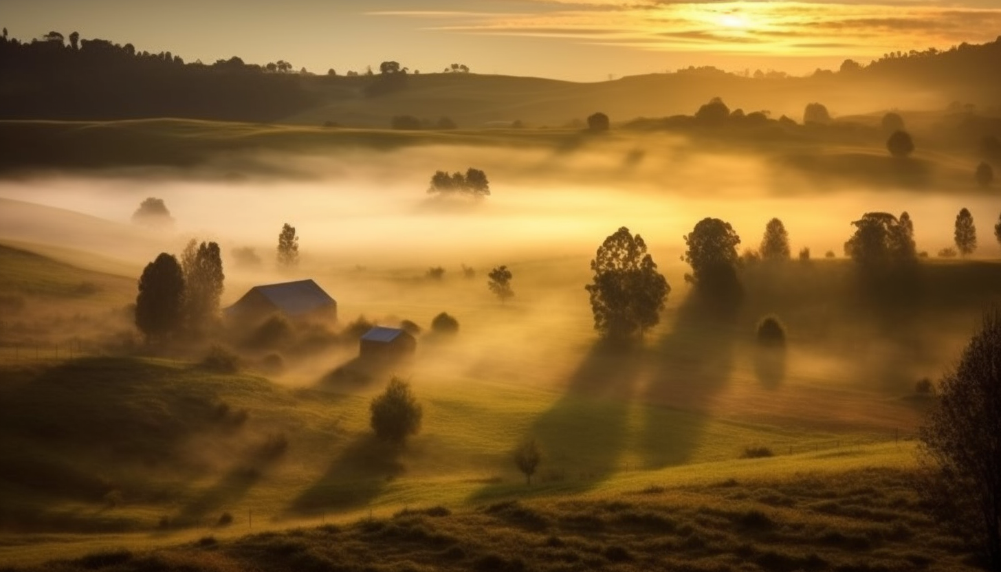 Morning mist rolling over peaceful farmlands.