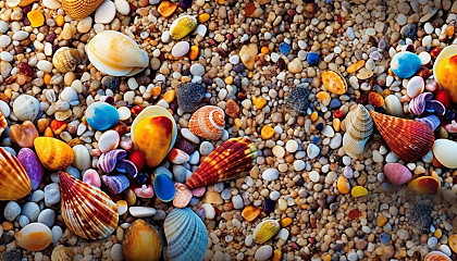 Brightly colored pebbles and seashells lining a sandy beach.