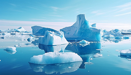 Icebergs floating in the frigid waters of a polar sea.