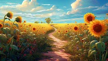 A path winding through a field of sunflowers under a bright sky.