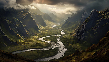 A dramatic view of a valley from a mountain pass.