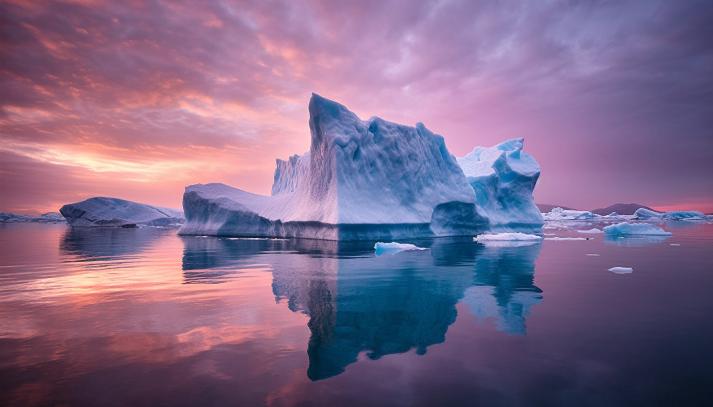 Dramatic icebergs floating in the still, Arctic sea.