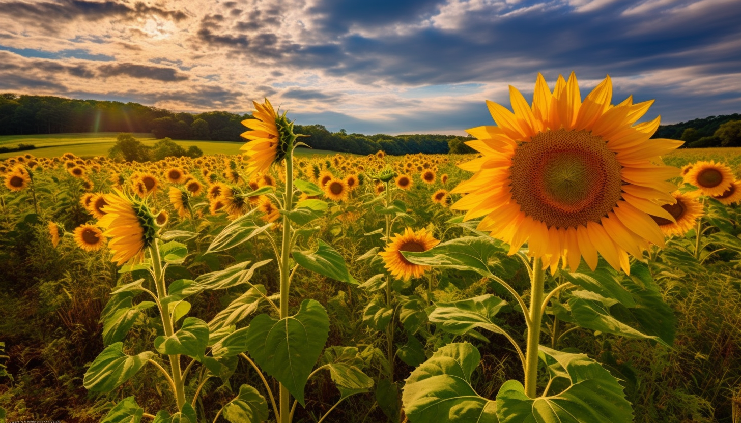 Sun-dappled meadows filled with bright, cheery sunflowers.