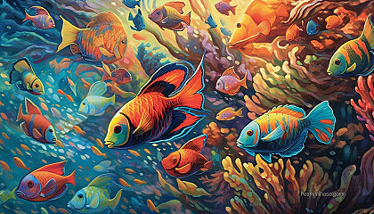 A school of radiant, tropical fish darting through a coral reef.