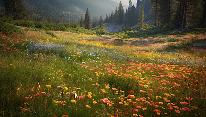 Picturesque meadows with a multitude of blooming wildflowers.