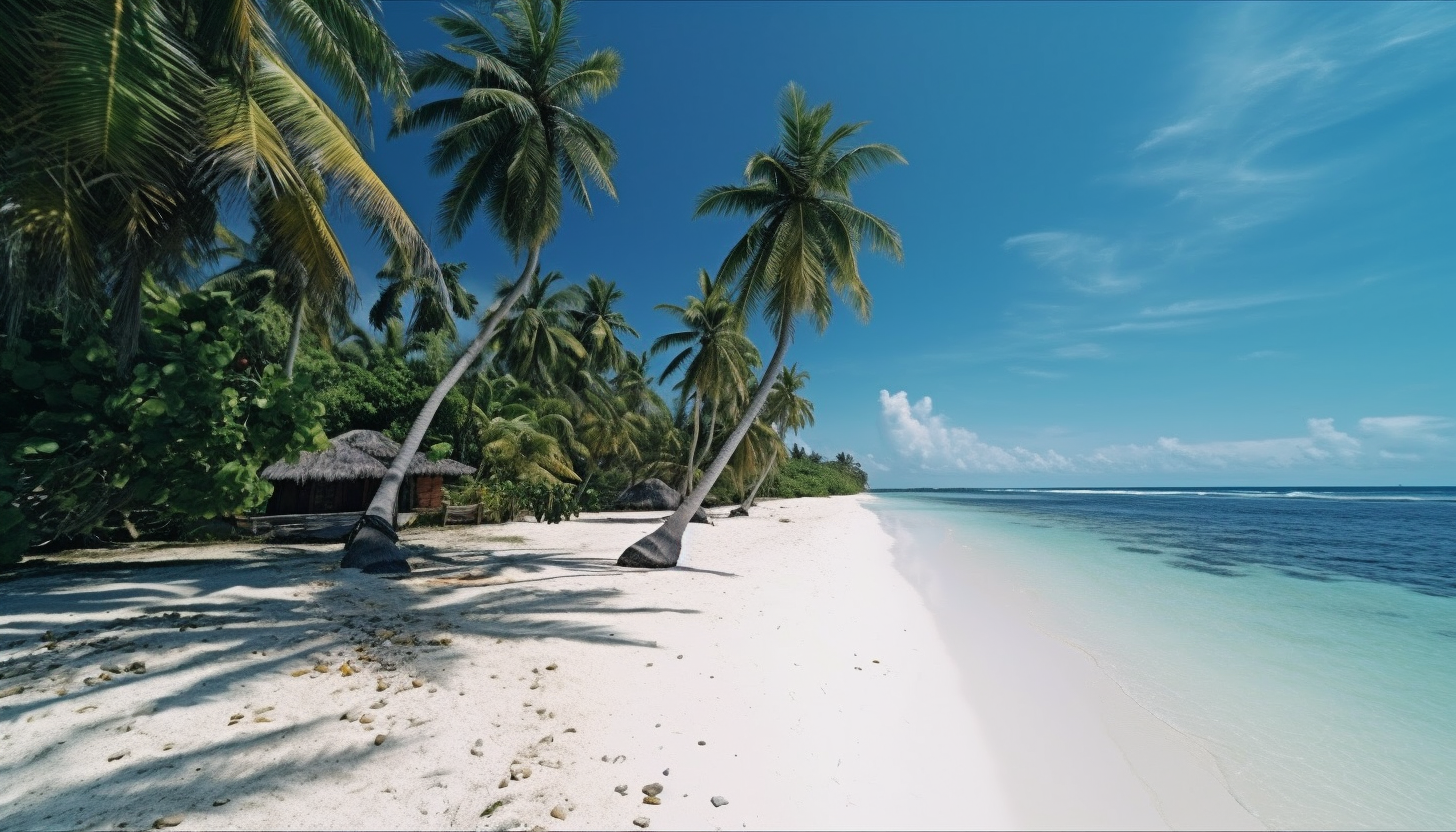 A secluded beach with white sand, surrounded by palm trees.