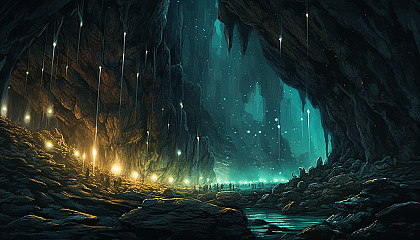 A constellation of glowworms illuminating a dark cave.