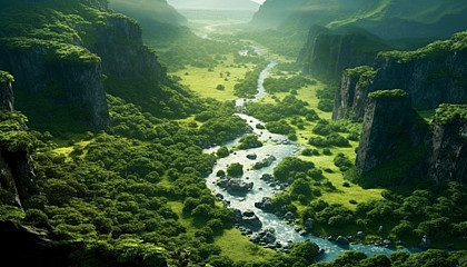 A meandering river cutting through a lush green valley.