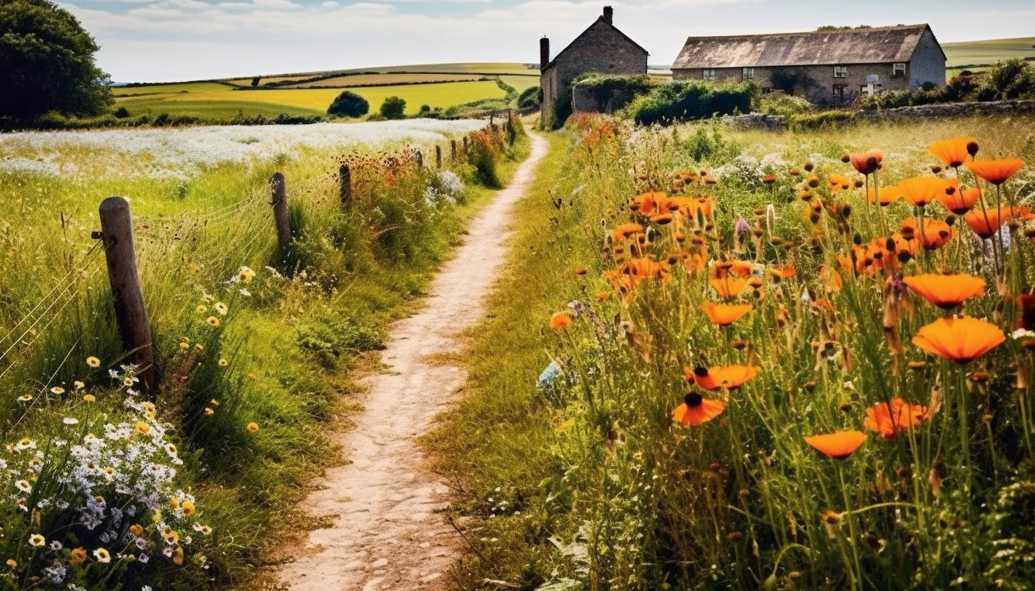 Vibrant wildflowers growing alongside a rustic country lane.