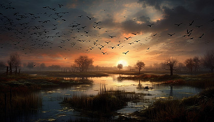 Flocks of birds taking flight over a serene wetland.