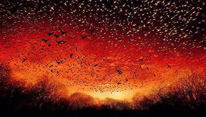 A murmuration of starlings creating patterns in the evening sky.
