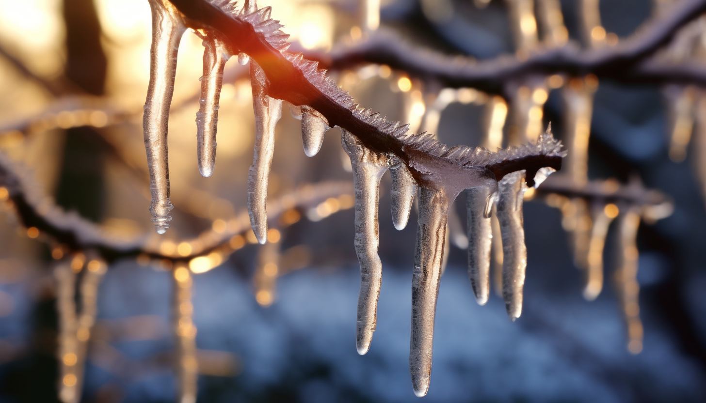 Icicles hanging from the branches of a tree on a frosty morning.