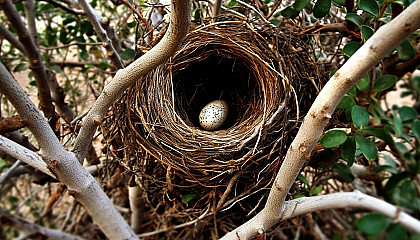 A nest with bird eggs hidden in the crook of a tree.