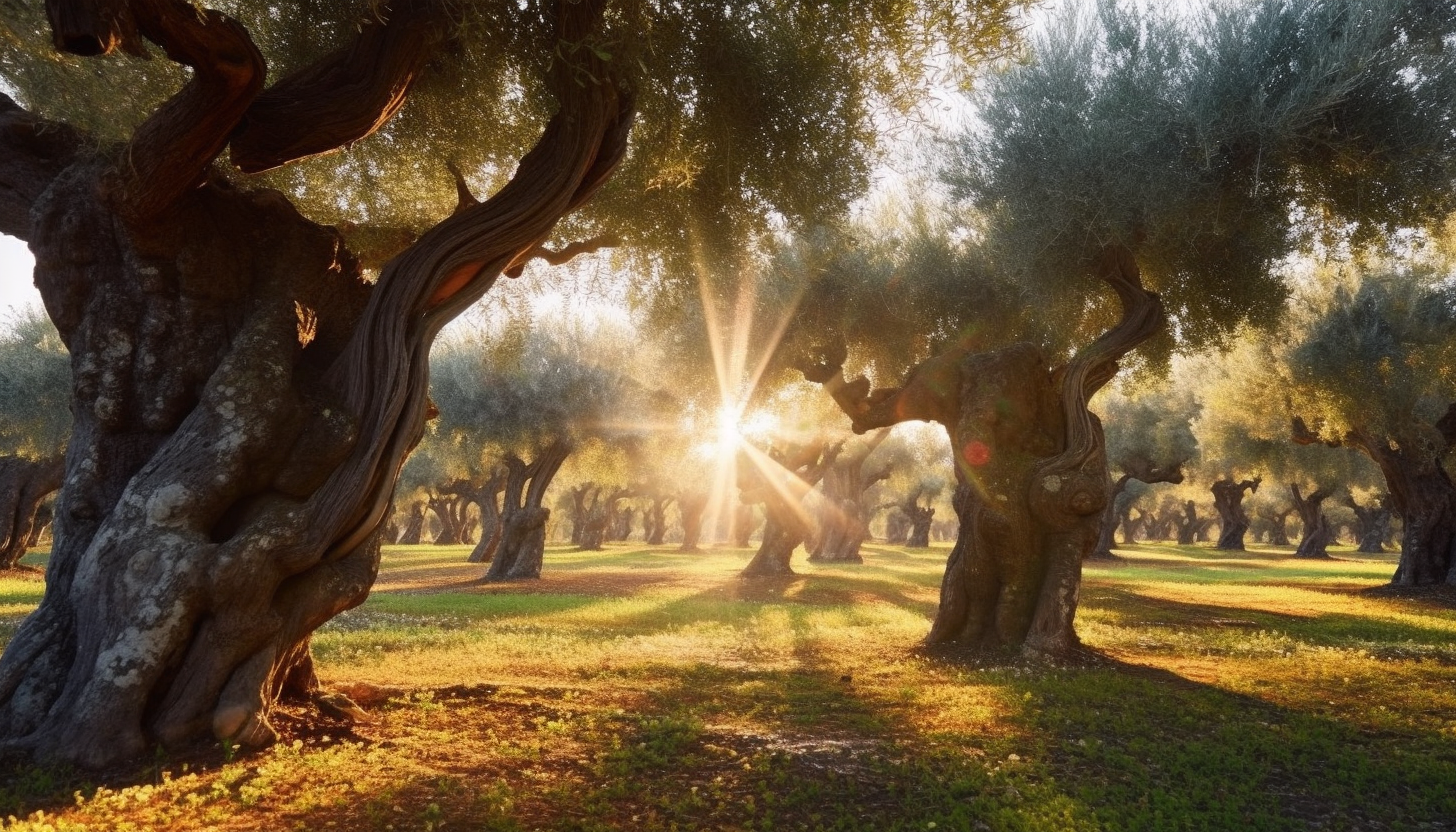 A grove of ancient olive trees in a sun-drenched landscape.