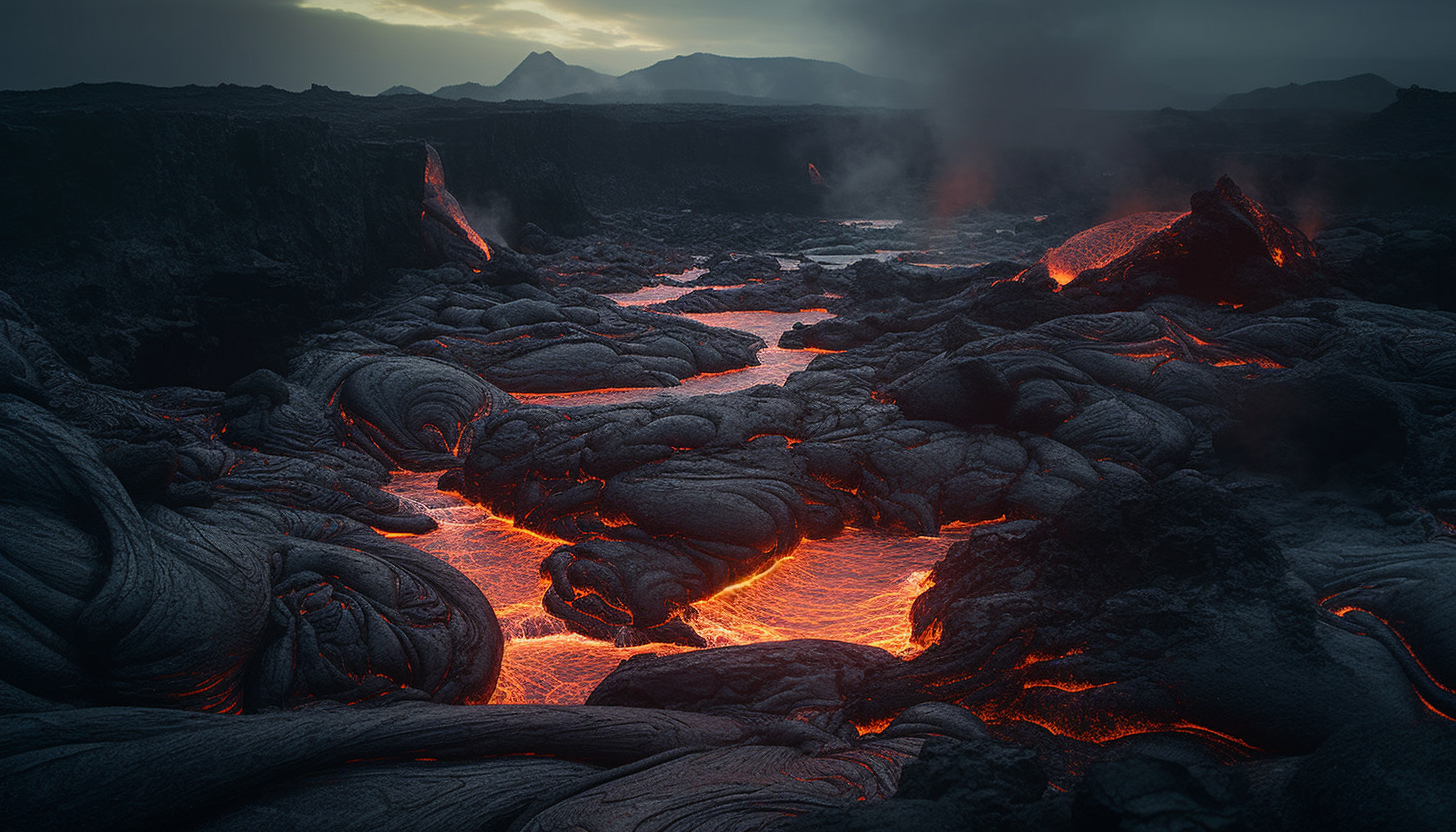 Volcanic landscapes featuring fiery lava flows and unique geological formations.