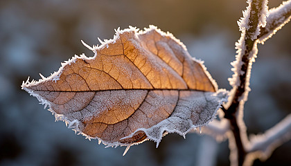 A delicate frost pattern on a leaf in the early morning.