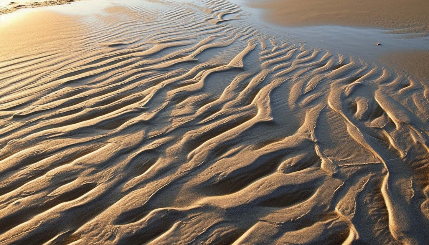 Sand patterns left by the receding tide on a beach.