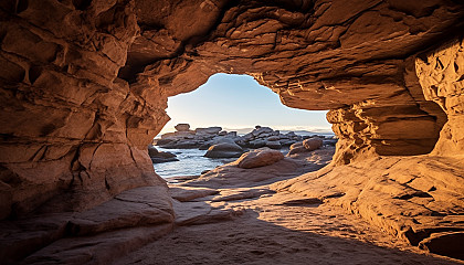 A view through a naturally-formed archway in a rock face.