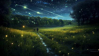 Fireflies illuminating a summer night in the countryside.