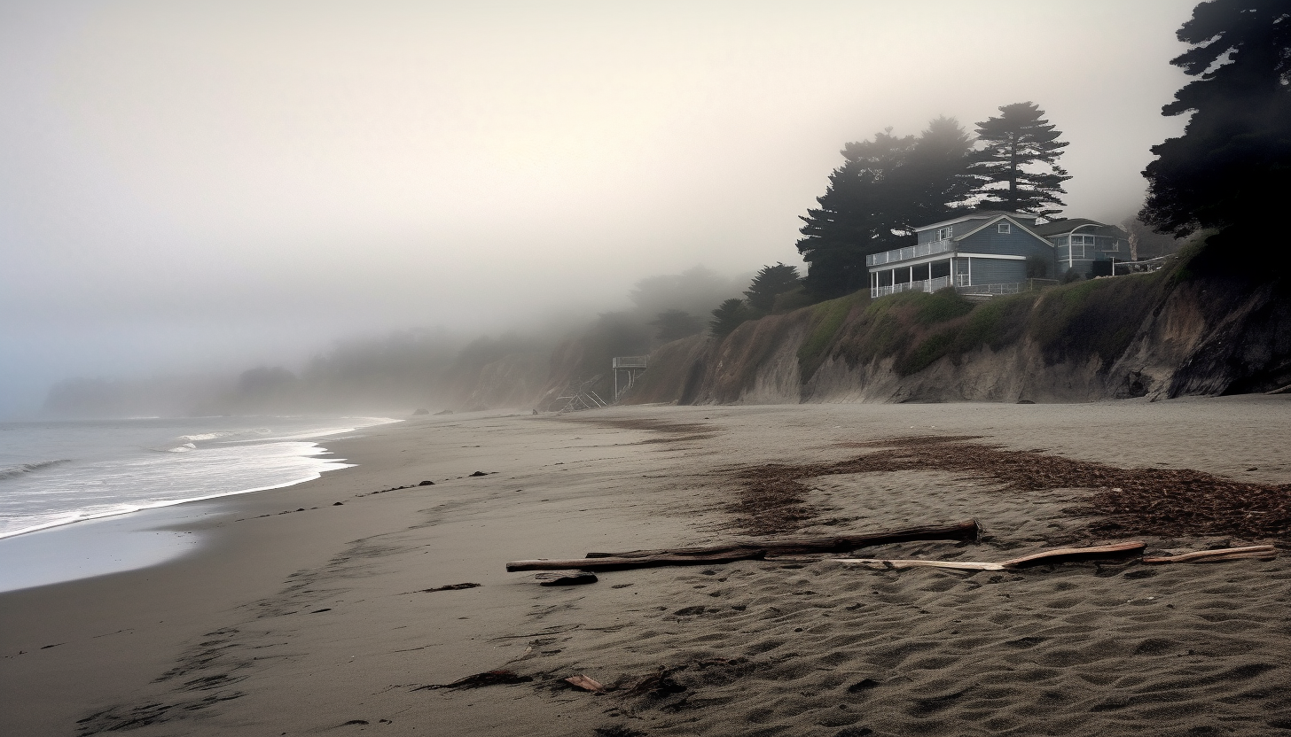 Fog rolling in over a peaceful, deserted beach.