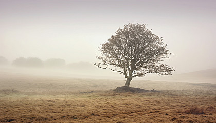 A lone tree standing in a misty, open field.