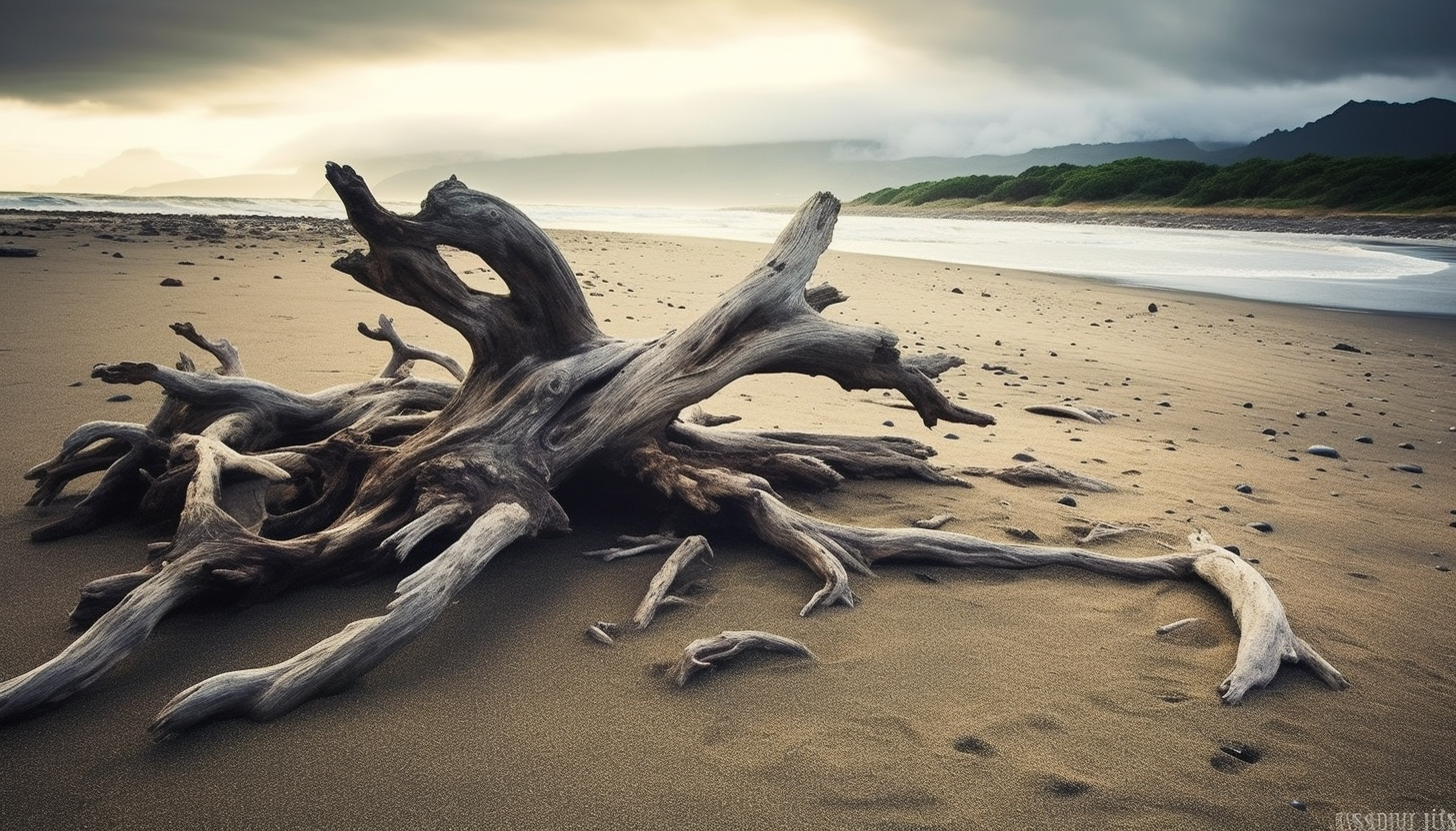 Driftwood strewn across a deserted beach.