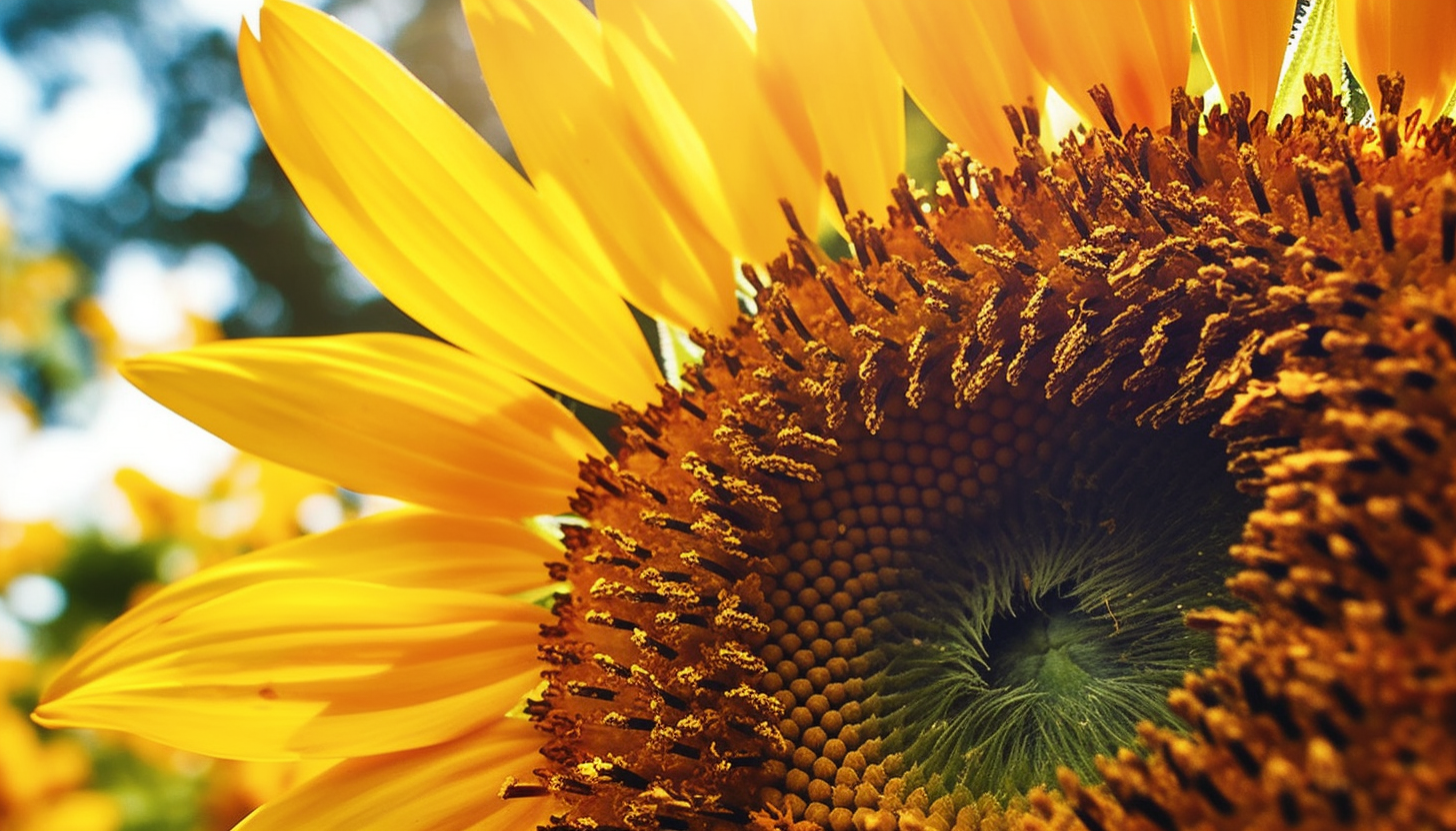 An ant's eye view of a towering sunflower.