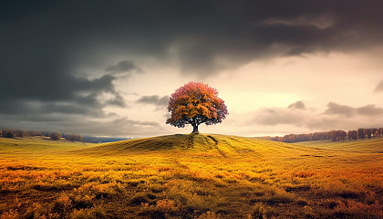A solitary tree changing colors in the midst of an open field.